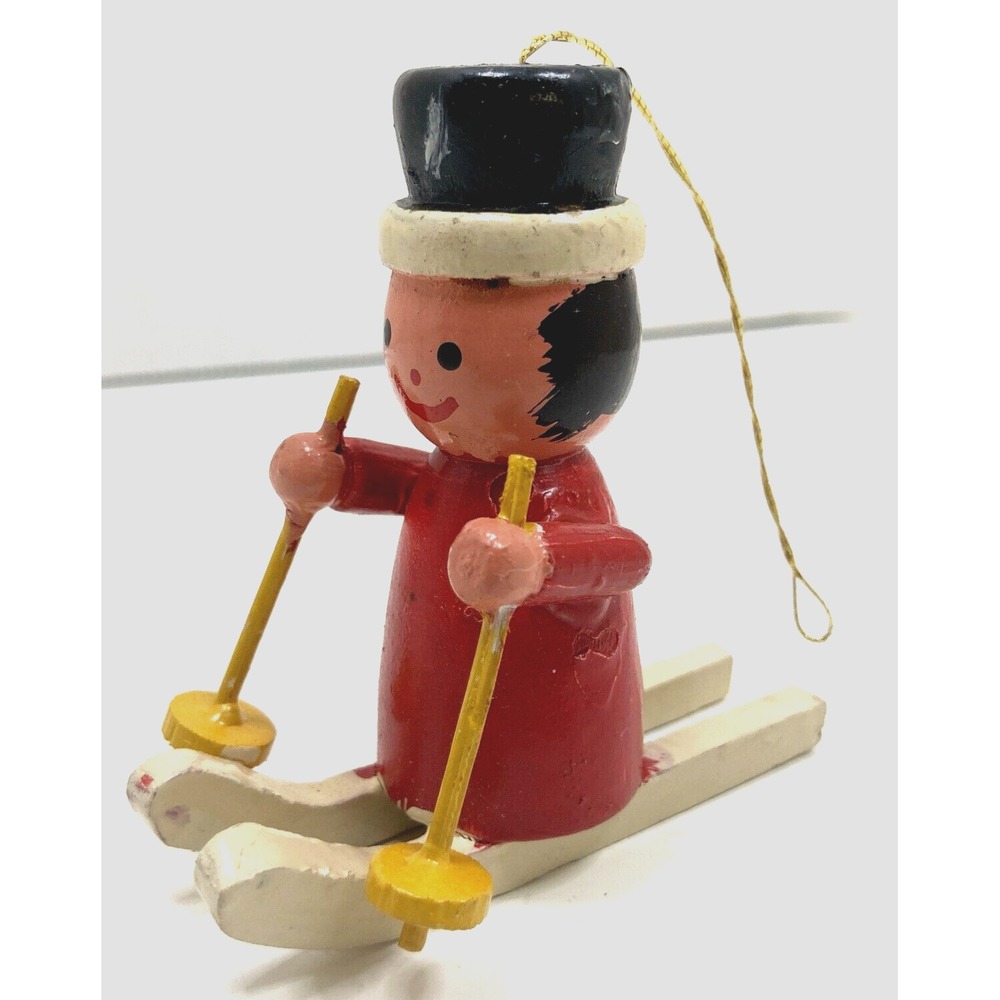 Vintage Wood Gnome Elf On Wooden Skis Christmas Ornament 3 inch 1985‎